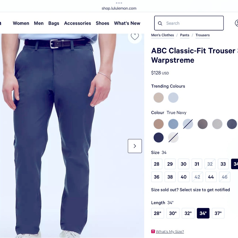 Men’s Lululemon ABC Warpstreme pants. Size 34, inseam 4034”.  Navy blue.